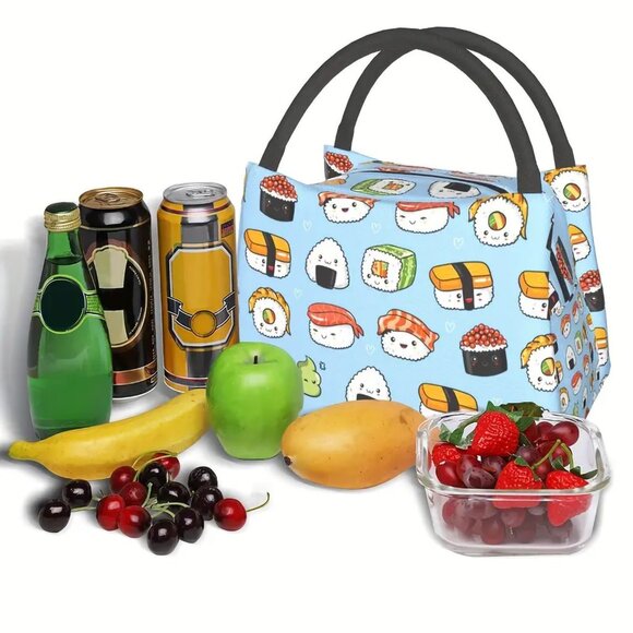 Sushi Rolls Kawaii Insulated Lunch Bag Blue Japanese Cute Cooler Zipper Tote NEW - Picture 2 of 5
